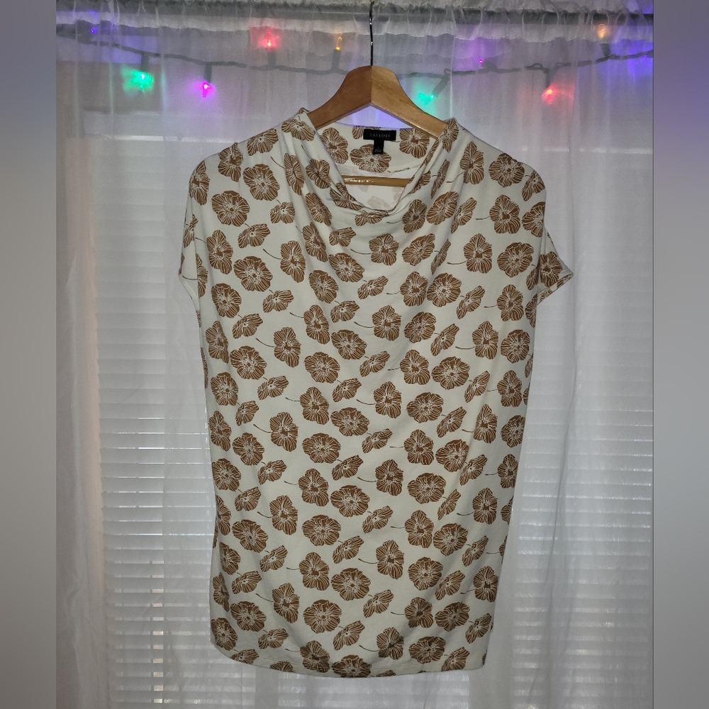 Talbots Drapped Neck Top Womens Size Large White Tan Floral Preppy